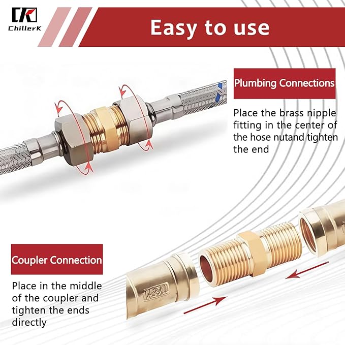 Hex Couplings, 1/2" x 3/8" NPT Male To Male Brass Hex Nipple Adapters, Brass Pipe Extension Fittings for Oil/Air/Water/Gas Systems. (2 Pack)