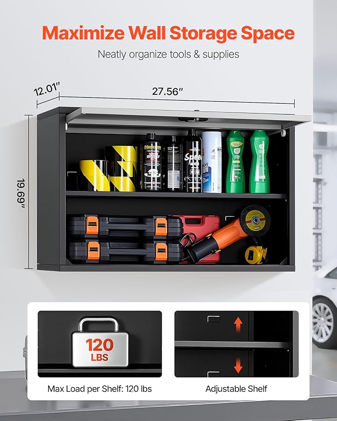 VEVOR Metal Wall Cabinet, 27.56W x 12.01D x 19.69H Inch, Floating Garage Tool Cabinet with Up-Flip Door and Shelf, 240 lbs Load Capacity, Fit for Garage, Basement, Kitchen, Warehouse Assembly Required
