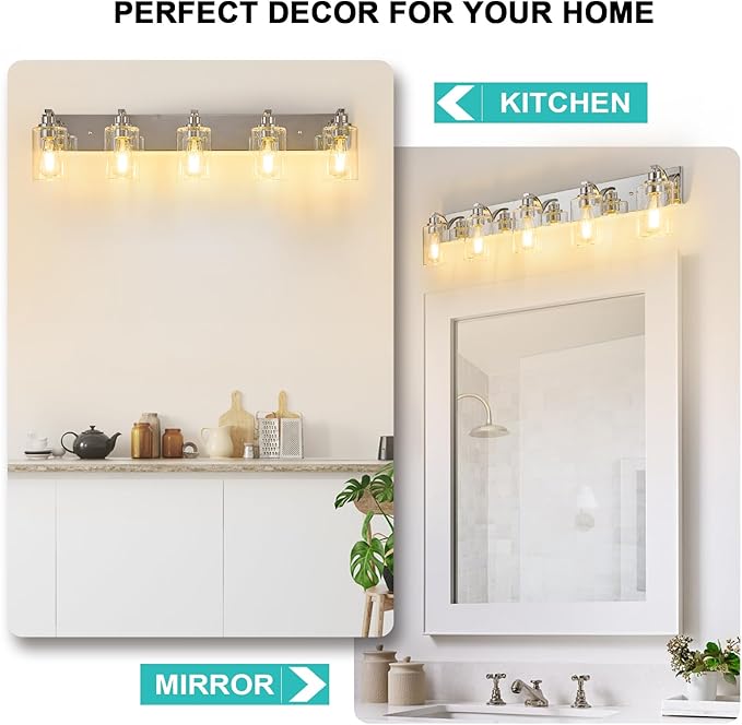 5-Light Bathroom Light Fixtures Modern Chrome Vanity Lights for Bathroom Lighting Fixtures Over Mirror with Clear Glass Shade for Cabinet Mirror Bedroom Hallway
