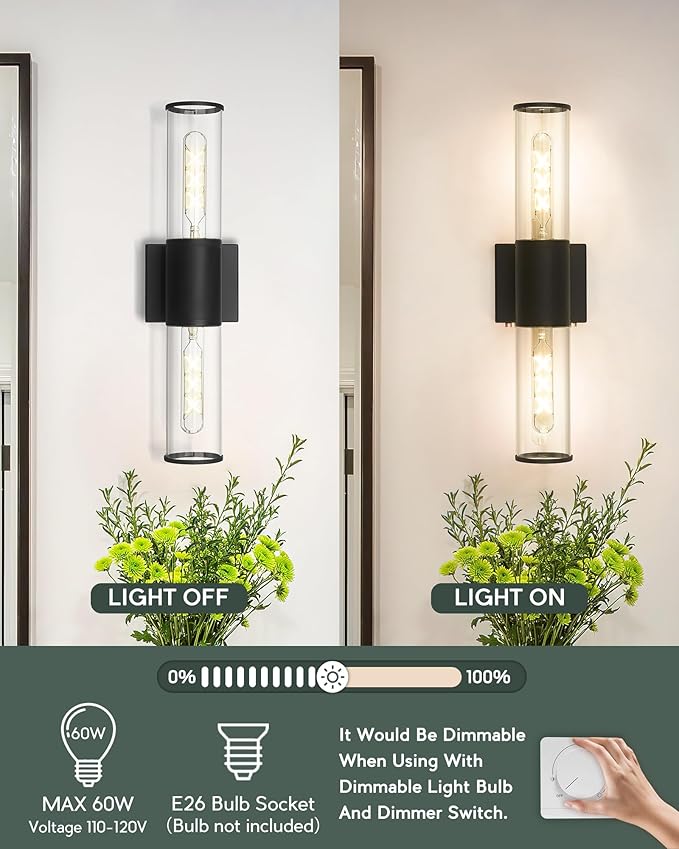 Black Bathroom Light Fixtures, 2-Light Vanity Lights Over Mirror with Clear Glass Shade, Modern Wall Sconces for Bathroom Bedroom Hallway, VL834-MB