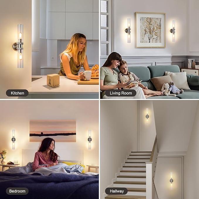 2 Light Bathroom Vanity Light Brushed Nickel, Bathroom Light Fixtures Side Mirror, Vintage Wall Lamp for Bedroom, Modern Bedroom Vanity Lighting Fixtures with Glass Shade