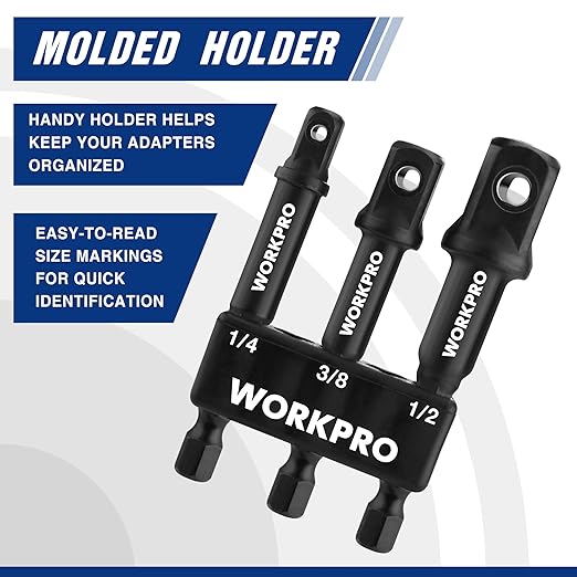 WORKPRO 3-Piece Socket Adapter Extension Set, 1/4, 3/8, 1/2-Inch Drive, 1/4-Inch Hex Shank, Impact Grade Extension Bit With Holder For Power Drill & Impact Driver