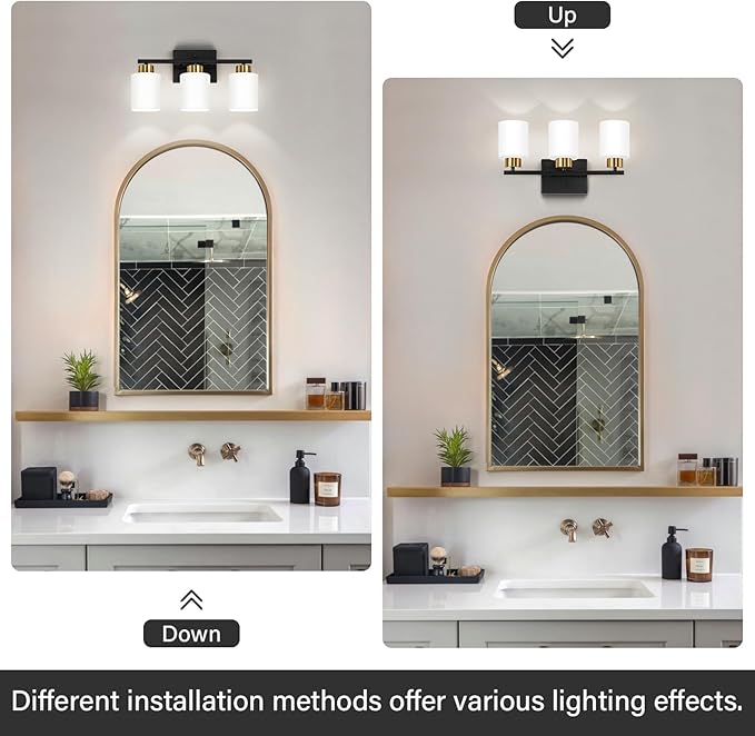 Black and Gold Bathroom Light Fixtures, 3-Light Modern Vanity Light Over Mirror, Wall Sconces with Milky White Frosted Glass Shades, E26 Socket (Bulbs Not Included)