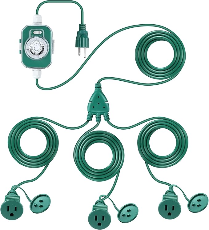 Feekoon 40FT Outdoor Extension Cord with Timer,1 to 3 Way Extension Cord Splitter,16AWG SJTW Heavy Duty 3 Plug Green with Multiple Outlets and Weatherproof Covers for Halloween Christmas