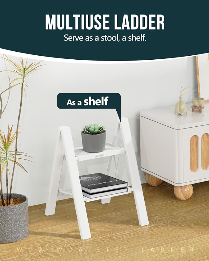 WOA WOA Step Ladder, Widen Pedals Foldable Step Stool, Lightweight Aluminum Ladder, Easy to Move Around, Anti-Slip Foot Stepladder for Household, Fold Thin & Space Save, 300 lbs Load (2 Step, White)