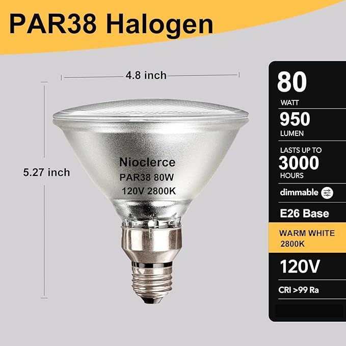 PAR38 Flood Light Bulbs - 2 Pack 80W PAR38 Halogen Bulb 120V Warm White 2800K, PAR 38 Bulb Dimmable E26 Base for Indoor and Outdoor, Long Lasting 950LM PAR 38 Halogen Flood Light