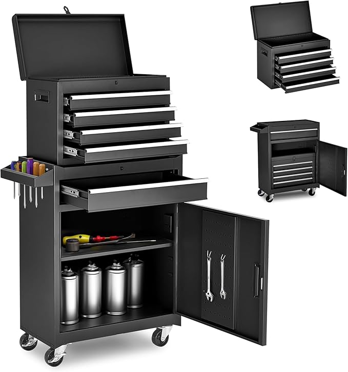 Tool Chest, 5-Drawer Rolling Tool Storage Cabinet with Detachable Top Tool Box, Liner, Universal Lockable Wheels, Adjustable Shelf, Locking Mechanism, Metal Tool Cart for Garage Workshop