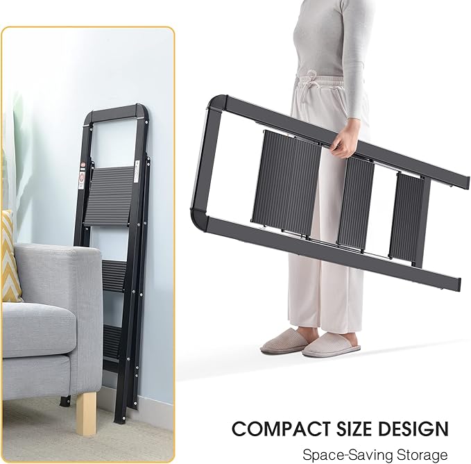 KINGRACK Aluminium 3 Step Ladder, Lightweight Step Stool with Non-Slip Pedals, Handrail, 330 LBS Foldable Step Ladder for Kitchen, Garage, Home, Space Saving, Sturdy and Portable, Black