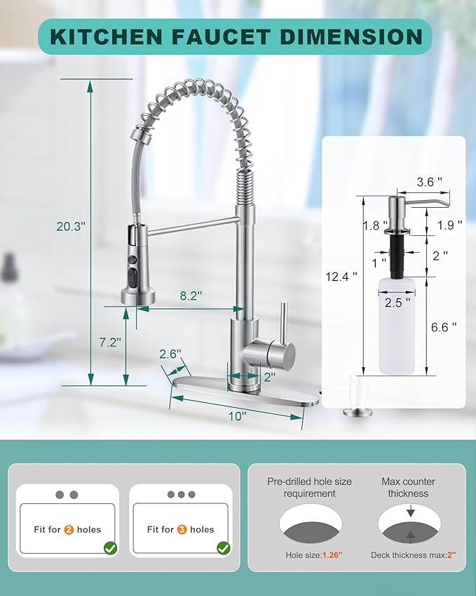 Brushed Nickel Kitchen Sink Faucet: Stainless Steel Kitchen Faucets with Soap Dispenser - 3-Function Single Handle Kitchen Faucets with Pull Down Sprayer for Farmhouse RV Laundry