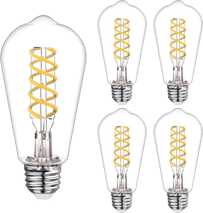 4 PCS Dimmable Vintage LED Edison Bulbs, 6W Equivalent 60 Watt, Natural White 4000K, Antique Flexible Spiral LED Filament Light Bulb, ST58 (ST19), 600 Lumens, E26 Base, Clear Plastic