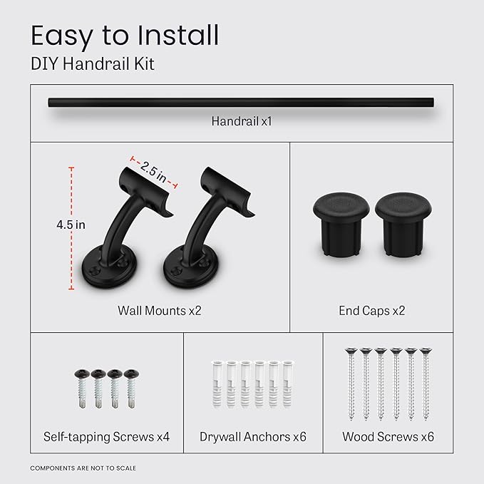 Meranti Aluminum Handrail for Indoor or Outdoor Steps and Stairs – Hand Rails for Elderly – DIY Complete Stair Railing Kit (AHR, Black Textured, 4' Length)