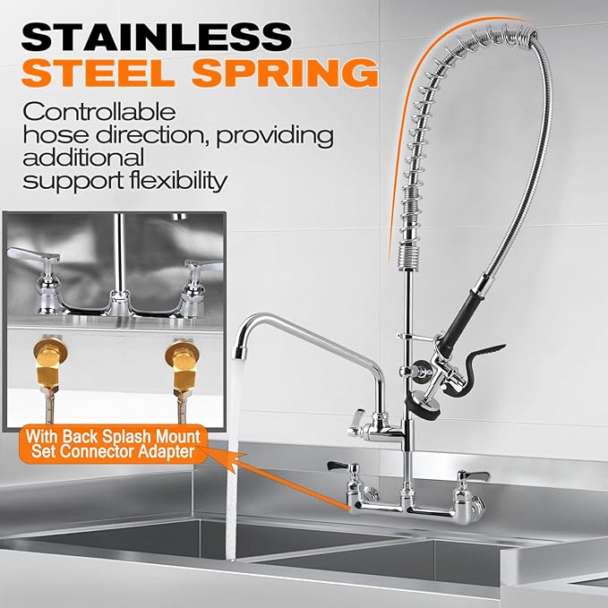 25" Height Commercial Faucet with Sprayer, 8" Adjustable Center & 12" Add-on Swing Spout, Wall Mount Pre-Rinse Commercial Sink Faucet Installation Kit for Commercial Restaurant Kitchen