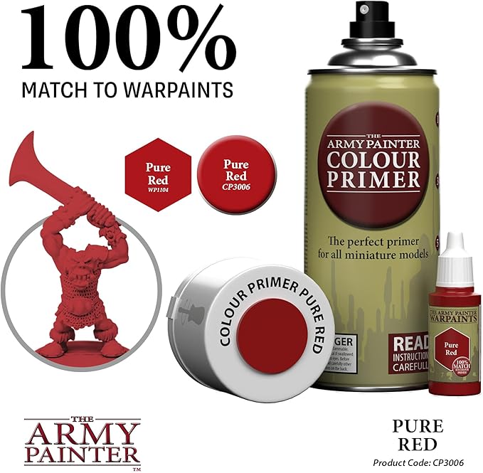 The Army Painter Colour Primer Pure Red, 400 mL Acrylic Spray Primer, Spray Paint Basecoat for Miniature Priming, Tabletop Roleplaying, Boardgames, and Wargames Miniature Modelling