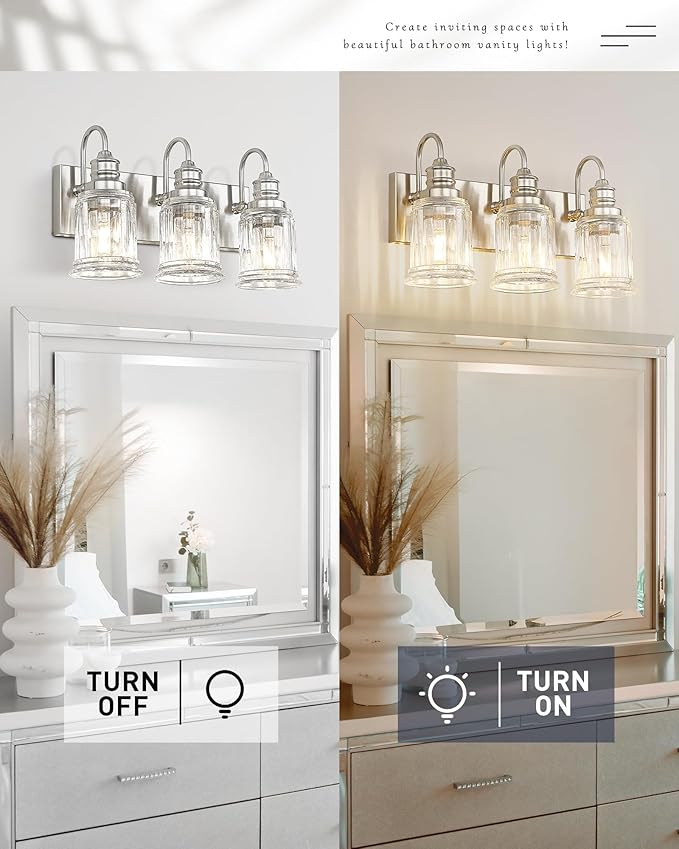 Bathroom Light Fixture, HWH 3-Light Vanity Light Brushed Nickel Modern Bathroom Lights Over Mirror, Bell-Shaped Fluted Glass, 5HZG106B-3W BN