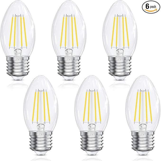 E26 Base Candelabra LED Light Bulbs 5000K Daylight, 6W, 60 watt Equivalent, E26 LED Bulb Non-Dimmable, B10 Chandelier Candle Light Bulbs, 90+CRI, 600LM, Cear Glass, 6 Pack