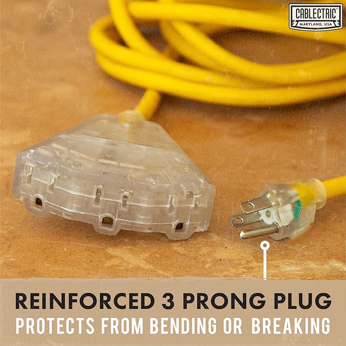 25 Ft Outdoor Extension Cord with 3 Power Outlets - 15 Amp 10/3 SJTW Heavy Duty Yellow 10 Gauge Lighted Electrical Cable with 3 Prong Grounded Plug