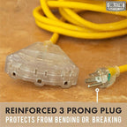 25 Ft Outdoor Extension Cord with 3 Power Outlets - 15 Amp 10/3 SJTW Heavy Duty Yellow 10 Gauge Lighted Electrical Cable with 3 Prong Grounded Plug