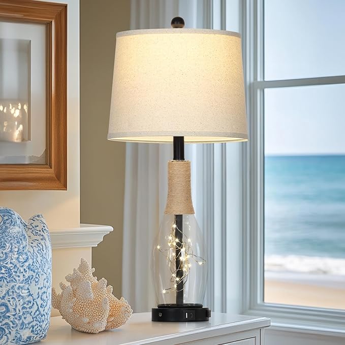 28" Tall Coastal Table Lamps Set of 2, Glass Black Modern Table Lamps with 3-Way Dimmable Touch Control Fairy Lights & Type-C Charging, Beach Nautical Bedside Lamps for Living Room Bedrooms End Table