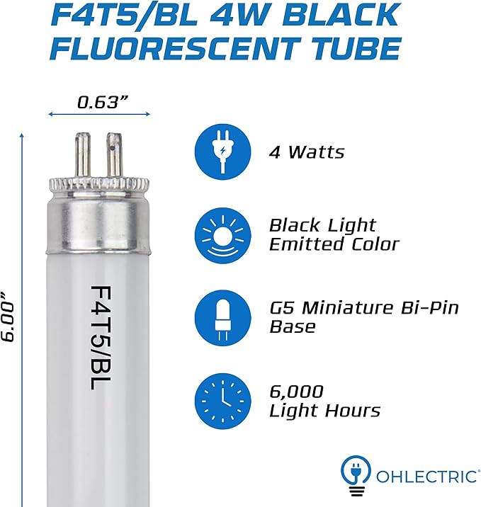 OHLECTRIC F4T5/BL Linear Fluorescent Tube 6-Inch (4-Pack) T5 4W Straight Black Light Linear Bulbs, High Output Glow Effect Party Bulb, G5 Base