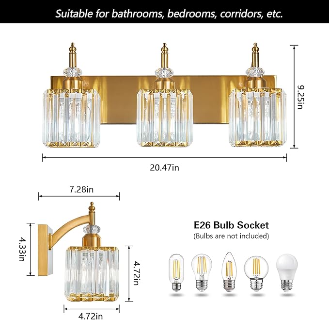 Crystal Vanity Lights - Gold 3 Light Modern Vanity Light for Bathroom
