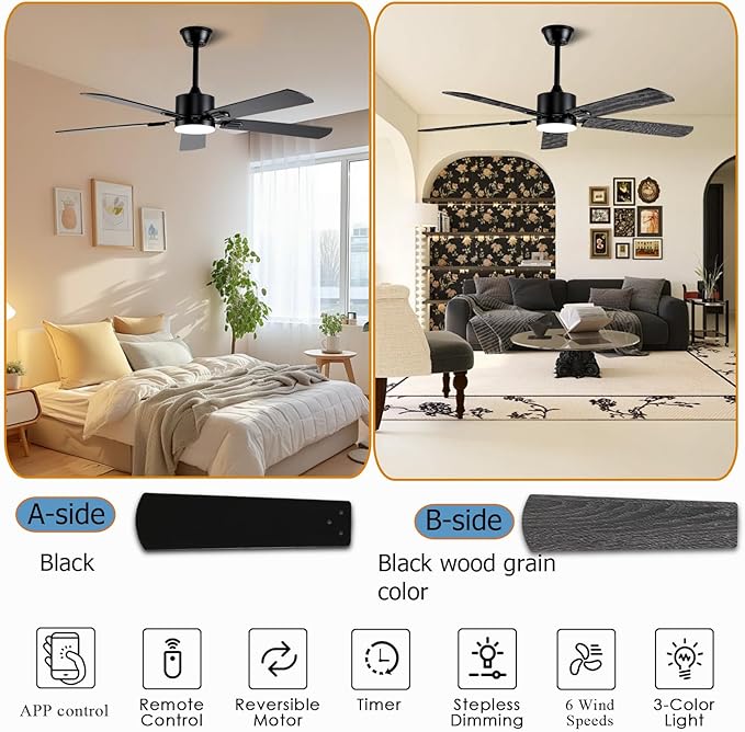 52 inch Modern Ceiling Fans with Lights APP/Remote Control, Low Profile Reversible 6 Speeds Ceiling Fan Light for Indoor/Outdoor Patio Bedroom Living Room,Black