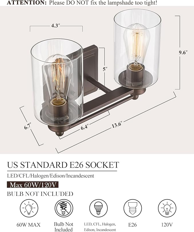 Vanity Lights for Bathroom, HWH Farmhouse 2 Light Vanity Wall Lamp with Oil-Rubbed Bronze Finish, Wall Lighting Over Mirror, Dressing Table, Powder Room, 5HLT63B-2W ORB