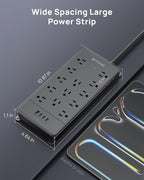 TROND 360° Rotating Flat Plug, Surge Protector Power Strip, 13AC Widely Spaced Outlets Expansion with 3 USB C Ports, 4000J, 10ft Extension Cord Heavy Duty, Wall Mount, Under Desk, ETL Listed, Black