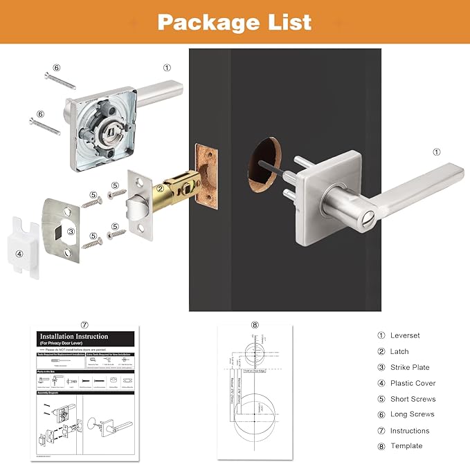 Probrico Privacy Door Handle Interior Heavy Duty Square Brushed Nickel Door Knobs for Bedroom Bathroom Reversible Keyless Door Lever Satin Nickel, 10 Pack
