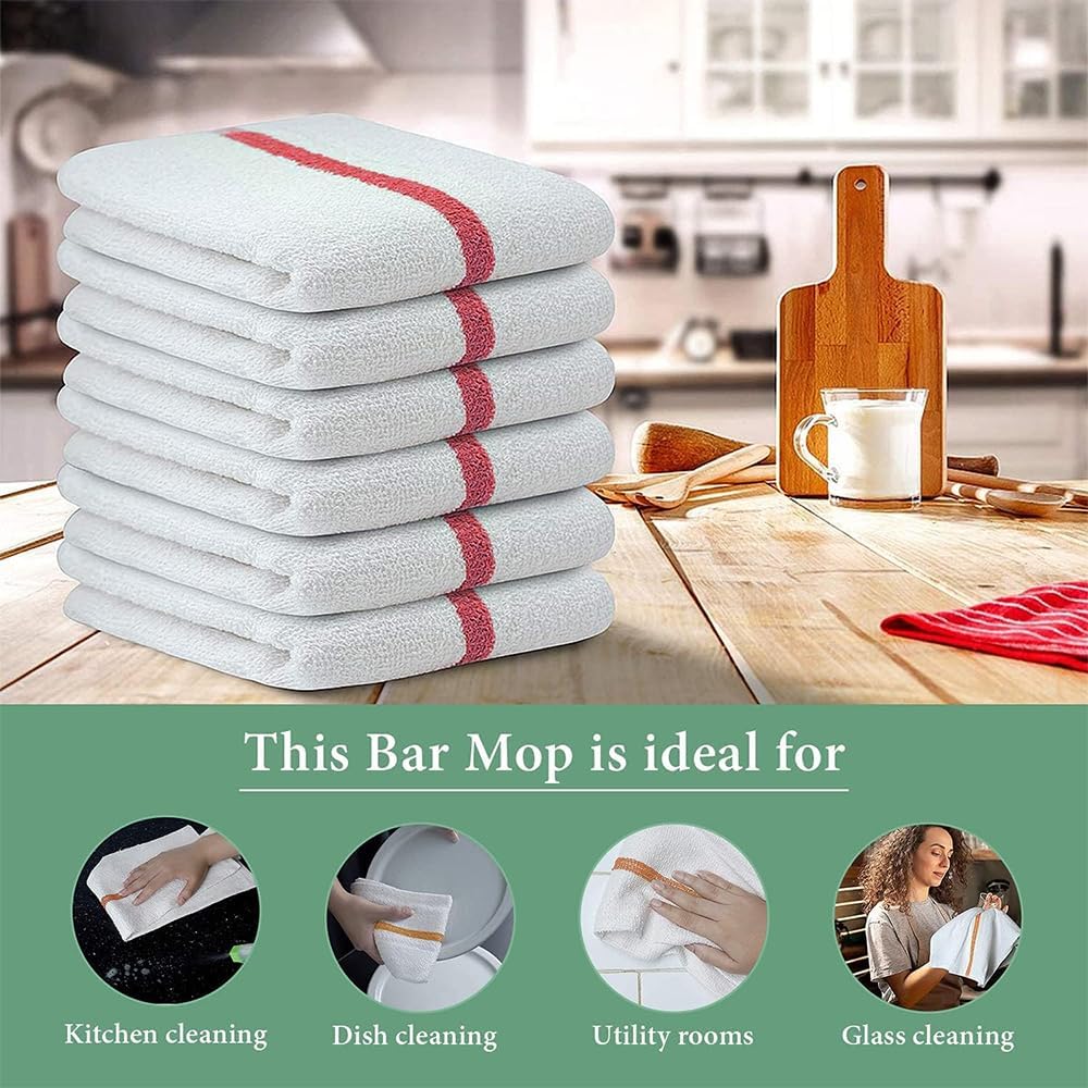 Bar Mop Red Stripe 10 lbs 16x19 Pack of 60, 100% Cotton Double Stitched Route Ready Absorbent Kitchen Towel Dish Towels and Dishcloths Towels Sets Washcloth Kitchen Towels