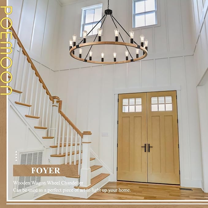 16-Light Wood Wagon Wheel Chandelier Farmhouse Natural, 43.3'' Black Metal Pendant Chandeliers Wooden Rustic Light Fixtures for High Ceiling Living Dining Room Foyer Entryway