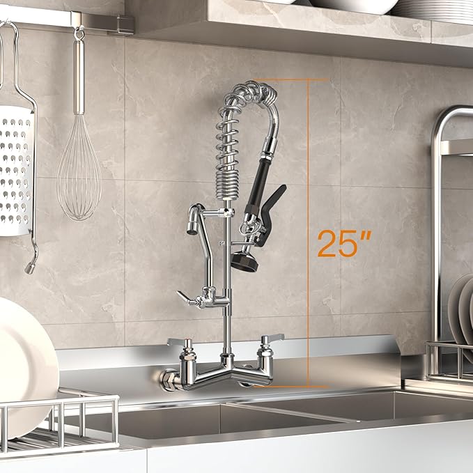 Commercial Sink Faucet with Sprayer 25" Height 8" Adjustable Center 10" Swing Spout,Brass Constructed Wall Mount Commercial Faucet with Pull Down Pre-Rinse Sprayer for 1/2 Compartment Sink（25"）