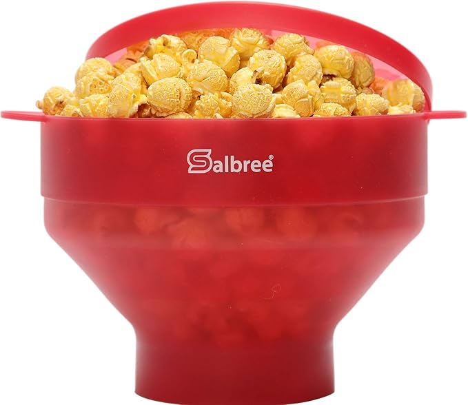 The Original Salbree Collapsible Silicone Microwave Popcorn Popper Maker Machine, Microwavable Bowl Holds 16 Cups, Uses Hot Air and Oil Always Optional - The Most Colors Available (Clear Red)