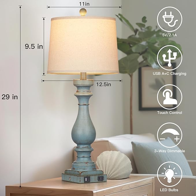 27.5" Tall Coastal Lamp,Retro-Blue Vintage Bedside Nightstand Lamps with USB Charging Ports A/C,3-Way Dimmable Touch Control Table Lamps for Bedroom Living Room,Single Blue
