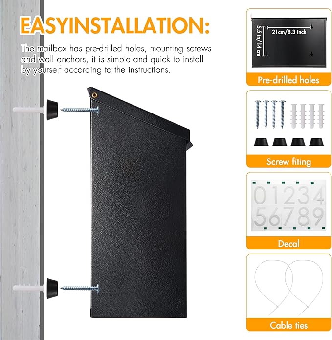 Wall Mount Mailbox for Outside with Flag, Galvanized Steel Mail Box for Post Outdoor, Large Capacity Rust-Proof Metal Postbox for House and Office, with 3 Sets Mailbox Numbers, 14.2"x9.5"x4" Black