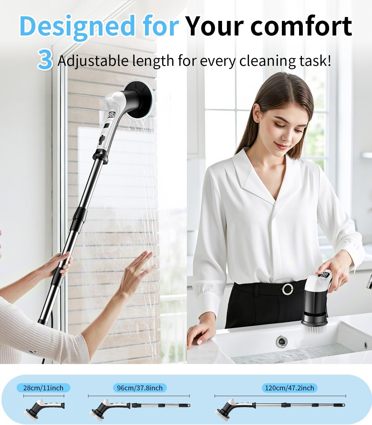 Electric Spin Scrubber with 3 Speed, Adjustable Extension Handle, 8 Brush Heads,Cordless Power Cleaning Brush for Bathroom, Tile, Kitchen-Black