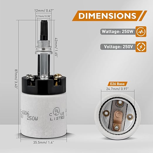 E26 Porcelain Lamp Socket with Rotary Knob Switch - High Temperature Resistance, UL Listed, 250V 250W for Safe Lighting Replacements (1 Pack)