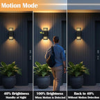wowlite Motion Sensor Outdoor Lights 2 Pack, Dusk to Dawn Porch Light Outdoor Wall Sconce, 3 Lighting Modes Exterior Lighting Fixture Wall Mount Waterproof, Black Aluminum Outside Lights for House