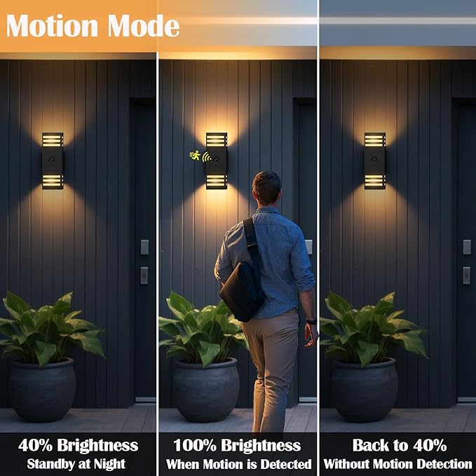 wowlite Motion Sensor Outdoor Lights 2 Pack, Dusk to Dawn Porch Light Outdoor Wall Sconce, 3 Lighting Modes Exterior Lighting Fixture Wall Mount Waterproof, Black Aluminum Outside Lights for House