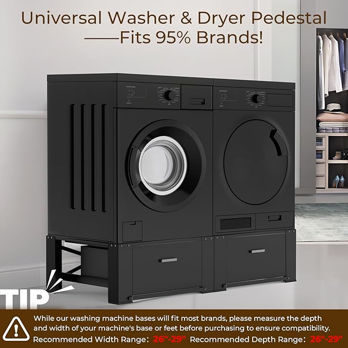 SKM 29" Washer & Dryer Pedestals with Drawer - 2 Pack Laundry Stand Raiser, 14.3" Height, Steel Construction, Black