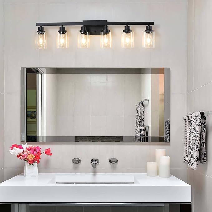 6-Light Black Vanity Lights 38'' Modern Bathroom Vanity Lighting Fixtures Above Mirror， Industrial Matte Bathroom Light Fixtures, Bath Wall Light Fixtures, Black Wall Sconces