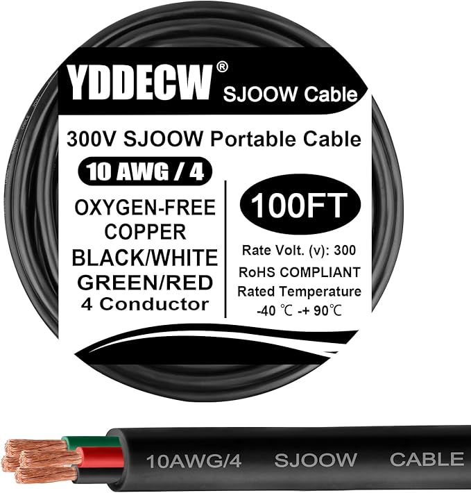100ft 10/4 10 AWG Portable Power Cable (4 Conductor) - SJOOW 300V 10 Gauge Electric Wire for Motor Leads, Portable Lights, Battery Chargers and Machinery - 4 Conductor - 100 Feet Electrical Cord