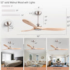 52" Wood Ceiling Fan No Lights with Remote Control,Wooden 3 Blades Ceiling Fans Without Light for Patio,Garage,Living Room,Bedroom,Office,Indoor/Outdoor(Nickel+Raw wood)