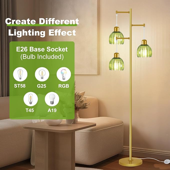 Glass Floor Lamps for Living Room, 3 Lights Mid Century Modern Standing Lamp with Foot Switch, Retro Gold Floor Lamp with Green Glass Shade, Vintage Tree Tall Lamps with Bulb for Bedroom Office