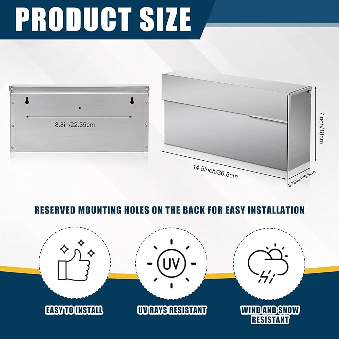 Stainless Steel Mailboxes for Outside 14.5'' x 7.1'' x 3.75'' Wall Mounted Large Capacity Mailbox Silver Rust Proof and Rainproof Steel Drop Box