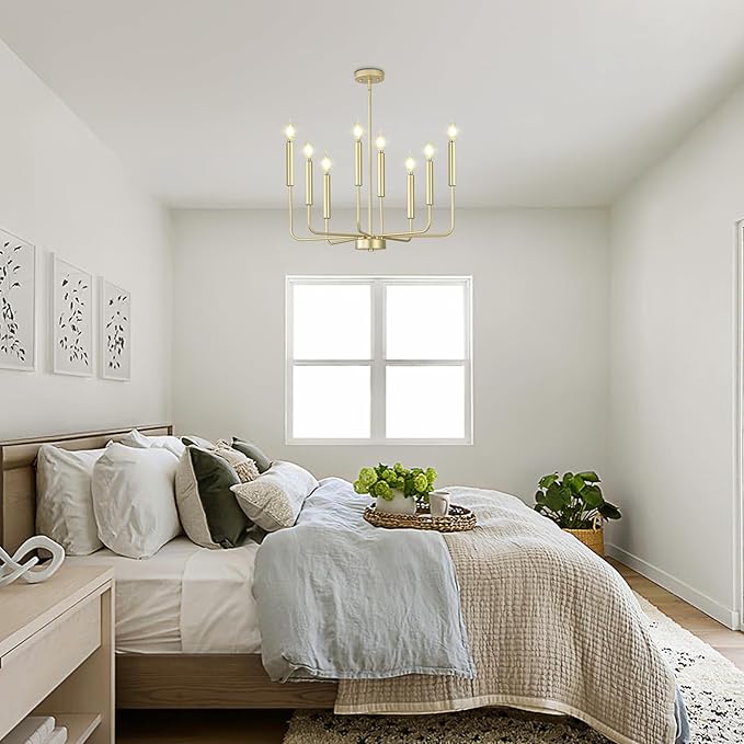 Qamra Modern Farmhouse Gold Chandelier for Dining Room, 8-Light Rustic Candle Chandelier Light Fixture, Industrial Hanging Chandeliers Lighting for Living Room, Kitchen, Staircase, Entryway, Foyer