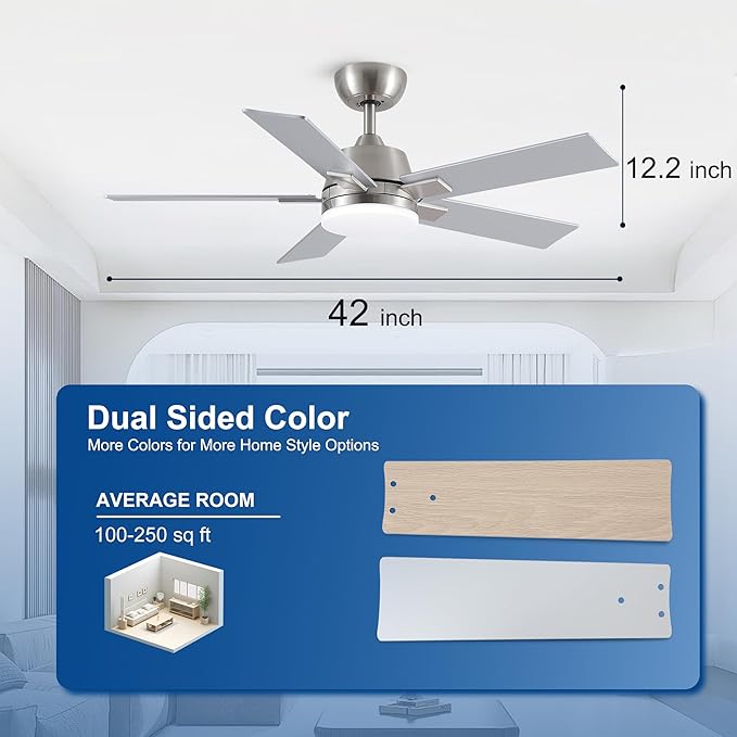 42 Inch Ceiling Fans with Lights and Remote, Brushed Nickel Ceiling Fan, 6 Speed Reversible DC Motor, 3CCT Dimmable LED, Modern Design for Bedroom, Living room & Covered Outdoor,Includes Downrod