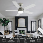 42 Inch Brushed Nickel Ceiling Fans with Lights,Ceiling Fan with Remote Control,Reversible DC Motor,3 CCT 6-Speed,Noiseless Ceiling Fan for Bedroom,Living Room,Dining Room,ETL Listed