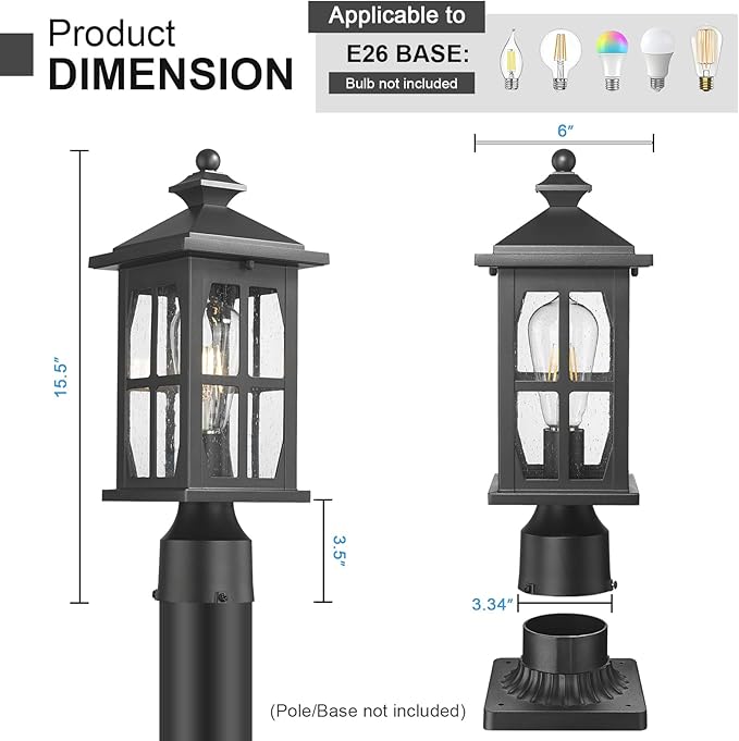 Darkaway Outdoor Post Lights, Exterior Post Lantern Lamp Waterproof Aluminum Housing Lamp with Seeded Glass, Fence Pole Deck Lighting for Garden Patio Pathway Driveway