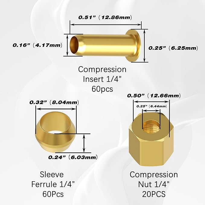 140PCS Compression Fittings Assortment kit - 1/4" of Brass Compression Sleeve Ferrule, Insert and Nuts,Used to Connect Lines for Air,Water,Fuel,Oil and Inert Gases