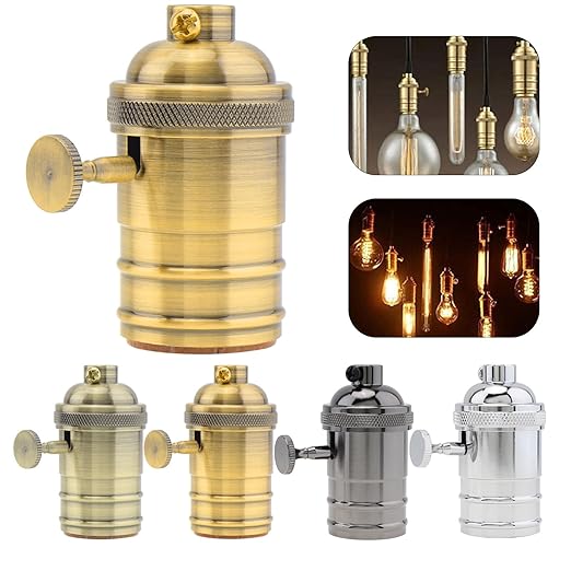 RTNLIT Brass Lamp Socket, Vintage Edison E26/E27 Bulb Light Socket with On/Off Knob Switch(Gold)